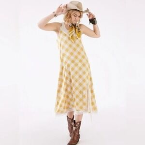 Double D Ranch Gingham Womens Small Yellow White‎ Flirt Midi Dress NWT